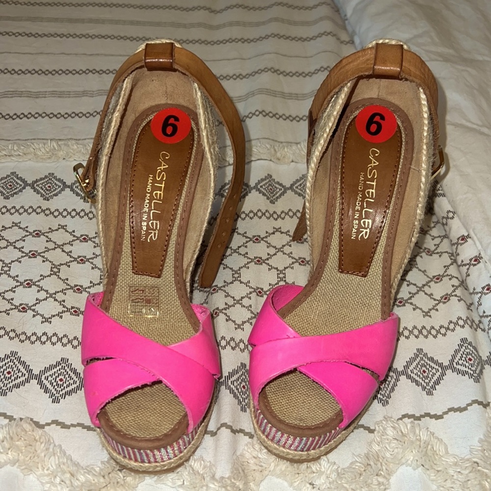 6-in wedge heels w pink leather straps to toes brown and leather straps to ankle